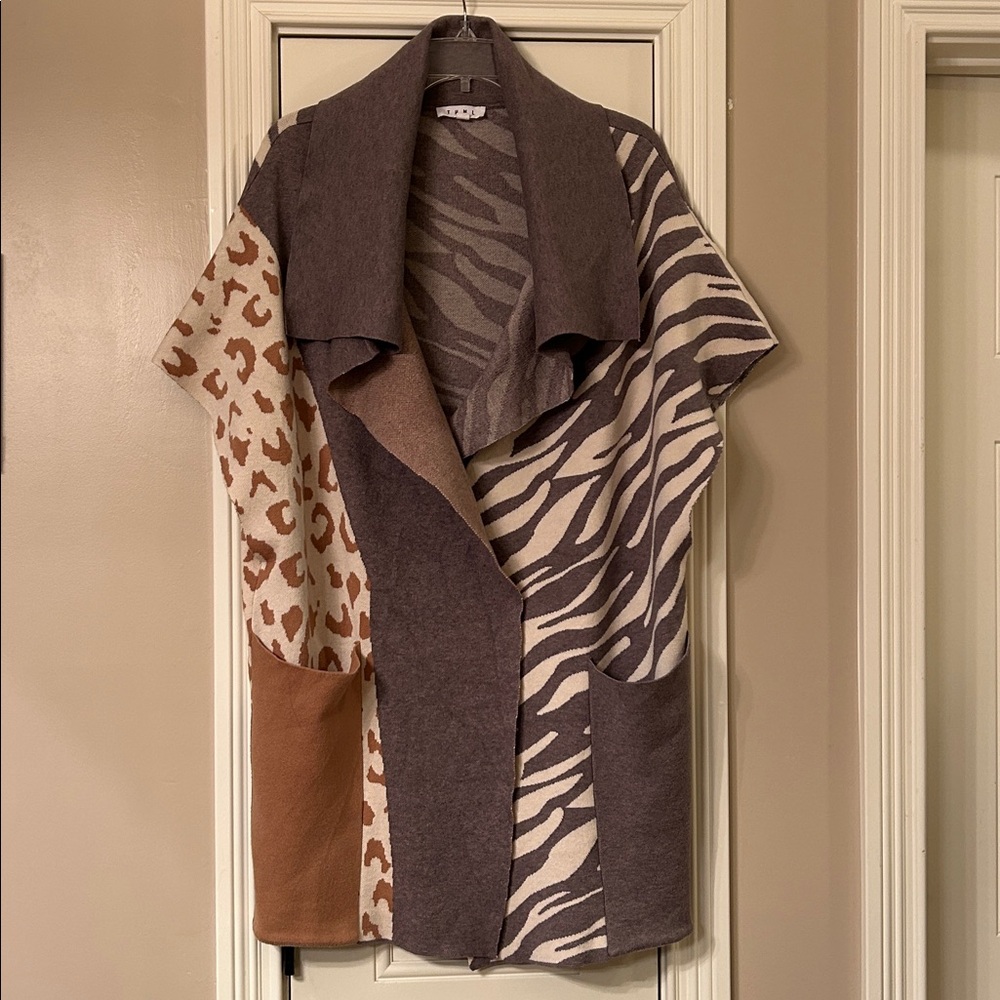 THML Anthropologie Animal Print Draped Open Front Cardigan
